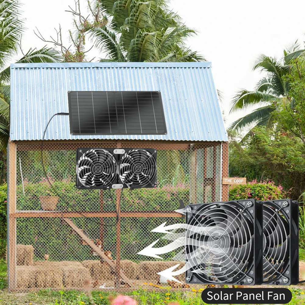 15W 12V Solar Panel Exhaust Fans IP65 Waterproof Solar Panel Kit with Dual Fan Solar Access Fan Kit for Chicken Coop Greenhouse