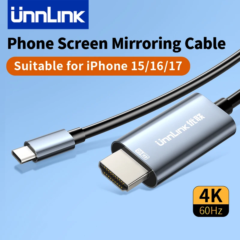 

Unnlink Phone Screen Mirroring Cable for iPhone 15/16/17 Series, Phone to TV Mirror Cast Cable, USB Type C to HDMI 4K 60Hz