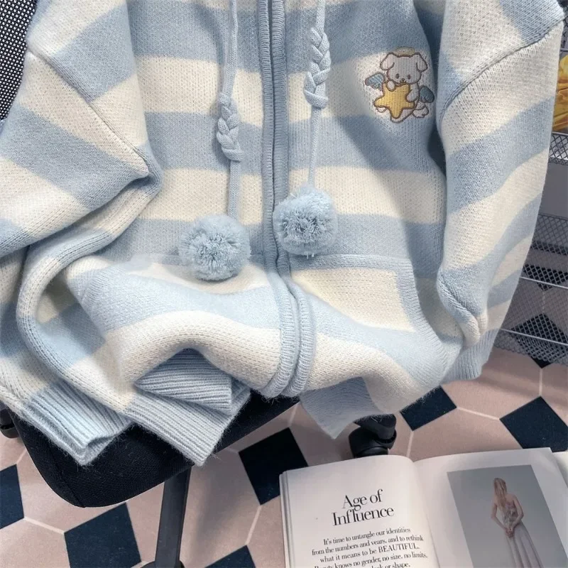 Cinnamoroll Sweater Miniso Blue Stripe Thickening Loose Coat Autumn Winter New Comfortable Versatile Hooded Knitting Cardigan