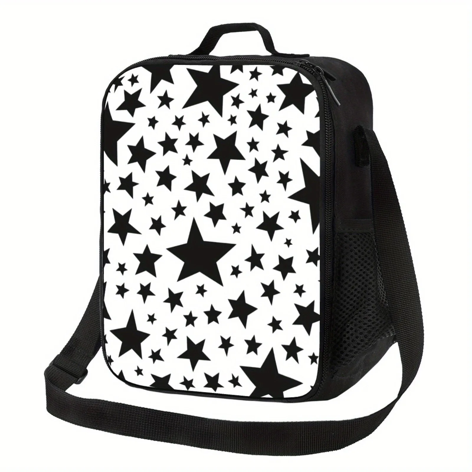 Black & White Star Print Insulated Lunch Bag Reusable Durable Polyester Lunch Tote for Work Travel Picnics