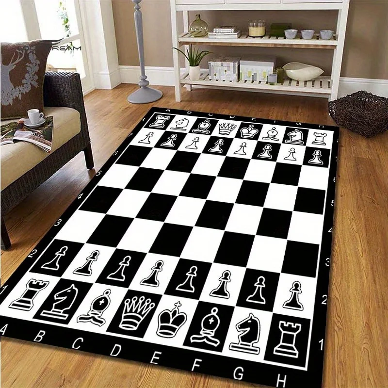 International Chess Chessboard Print Rectangle Carpet Area Rug Black and White Floor Mat Non-slip Rug for Home Entrance Decor