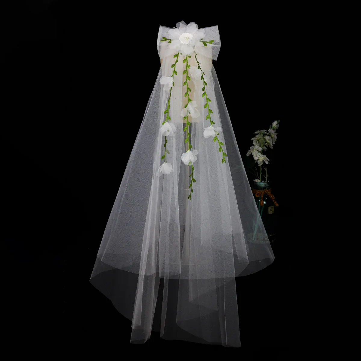 Velo de novia de doble capa, accesorio para el cabello de boda, lazo blanco, hoja verde, flor, tocados de viaje, dama de honor de Ceremonia de lujo para mujer