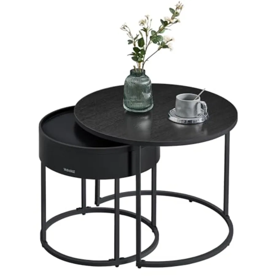 

Round Coffee Tables Set of 2 Nesting Tables Modern Round Side Tables with Hidden Storage and Top Tray for Living Room Bedroom O
