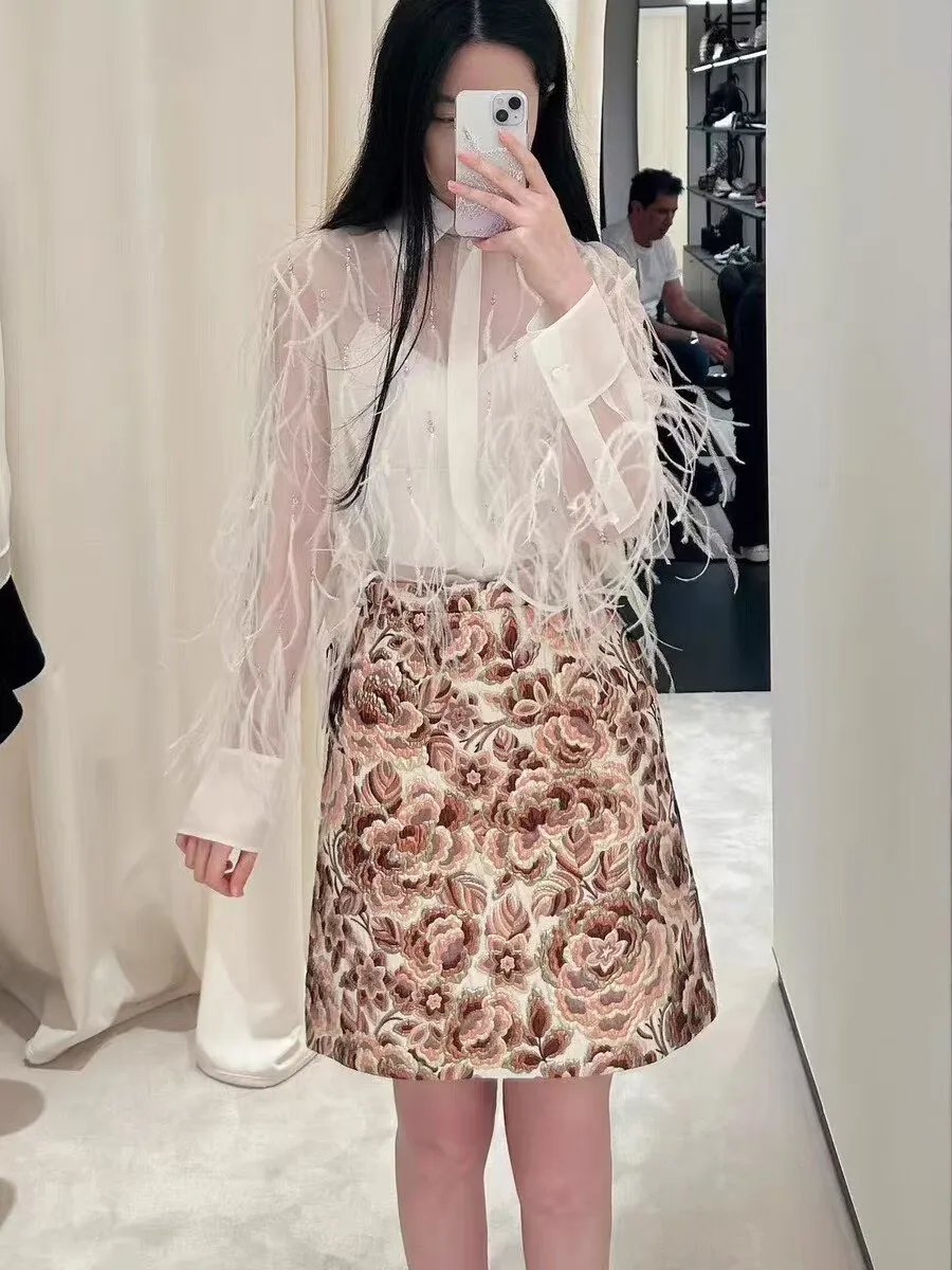 

Top Quality 100% Silk Long Sleeve White Shirt 2026 Spring Summer Sexy Transparent Ostrich Feathers Women Blouse