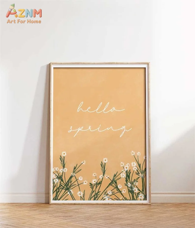 AZNM Unframed Canvas Print Hello Spring Quote Wall Art Yellow Daisy Floral Home Decor Poster