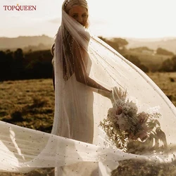 TOPQUEEN Pearls Wedding Veil Long Bridal Veils Beaded Cathedral Length 3M Wide Dramatic Single Tier Catholic Mantilla Veil V09