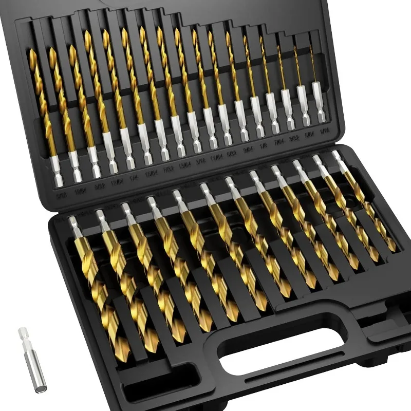 

Hex Shank Drill Bit Set, 30Pcs HSS Titanium Twist Drill Bit for Sheet Metal, Wood, Plastic, Quick Change Design (1/16" - 1/2")