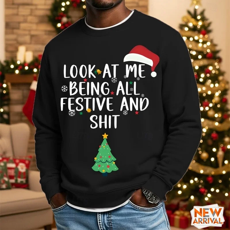 Christmas Tree Hat Pattern Sweatshirts For Men Fun Humorous 3D Printed Pullover Festival Party Hoodies Long Sleeves O-Neck Tops