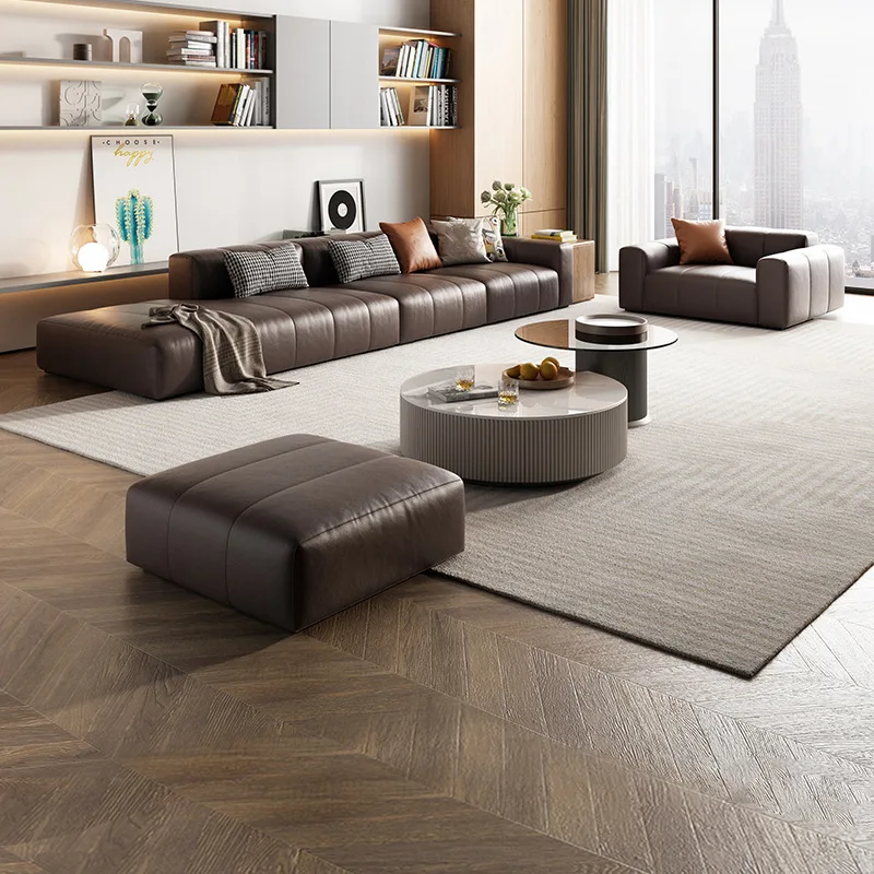 # Italian Modern Minimalist Genuine Leather Sofa Piano Key Design Top Grain Cowhide Straight Square Sofa Living Room Furniture