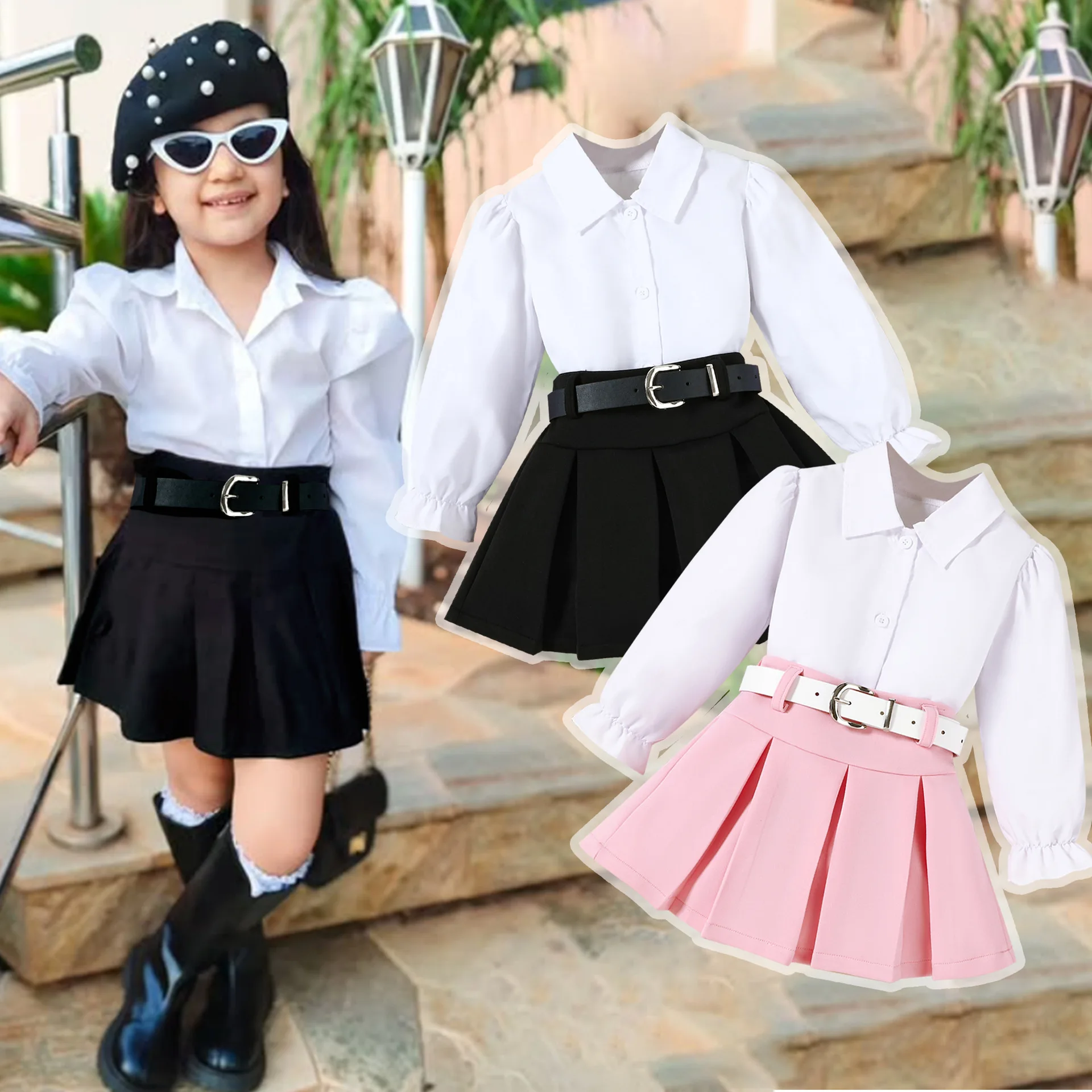 

Autumn Winter Sweet Kids Clothes Girls Long Sleeve White Blouse With Belt Skirt For Toddler Casual Daily Wear Outfit Sets