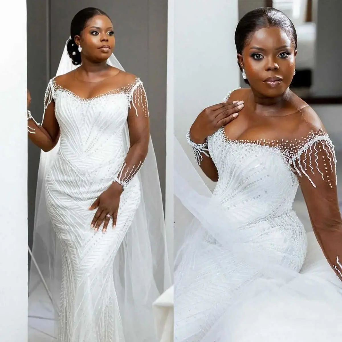 

Customized Mermaid Wedding Dresses O Neck Pearls Sequins Beading Bridal Gowns Long Sleeve Sweep Train Custom Made Bride Dress