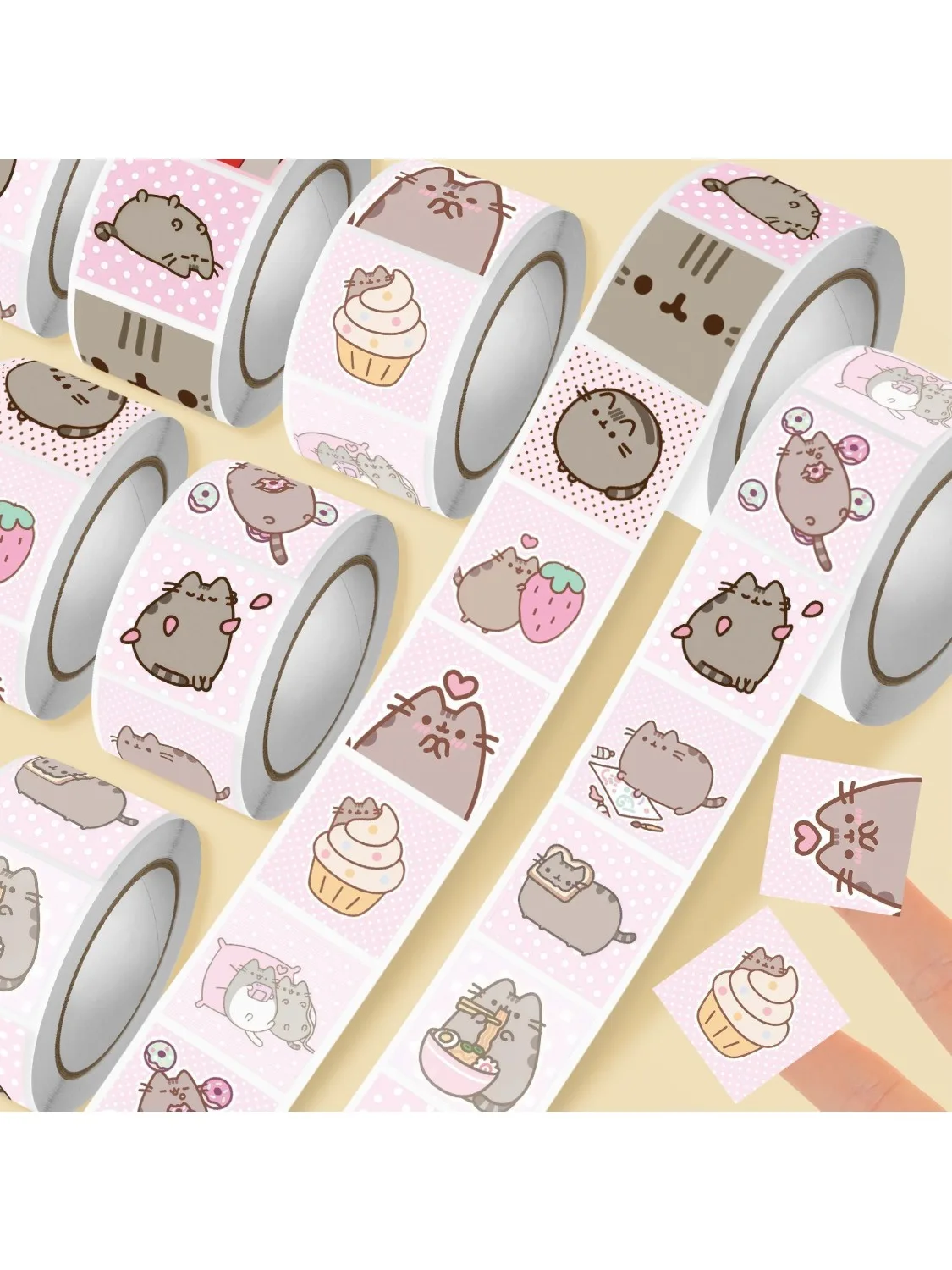 Pusheen-Stil Cartoon-Katzen-Aufkleberrolle, 500 Stück pro Rolle mit 14 Designs, niedliche selbstklebende Aufkleber für Scrapbooking und Tagebuch.
