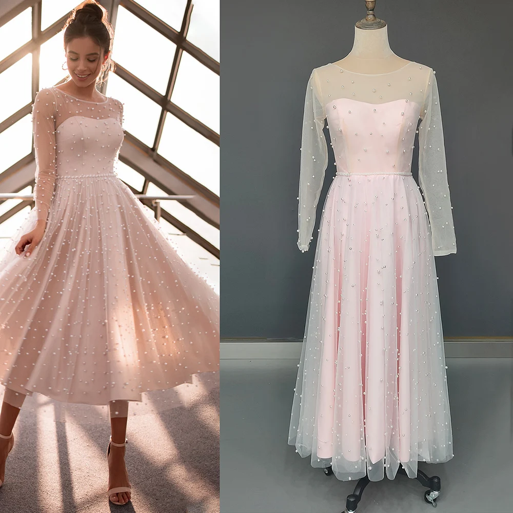 Tea Length Pearls Scoop Neck Wedding Dress Custom Made Illusion Tulle Back Long Sheer Sleeves Pink Ball Gowns Vestido De Noiva