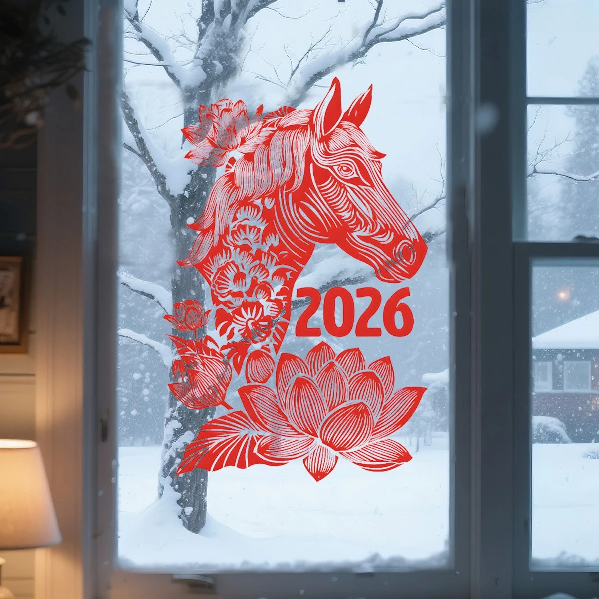 1 Satz Neujahrs-Pferdejahr 2026 für Fensteraufkleber, doppelseitige, sichtbare Feiertagsdekoration, Fensteraufkleber können für Zuhause verwendet werden