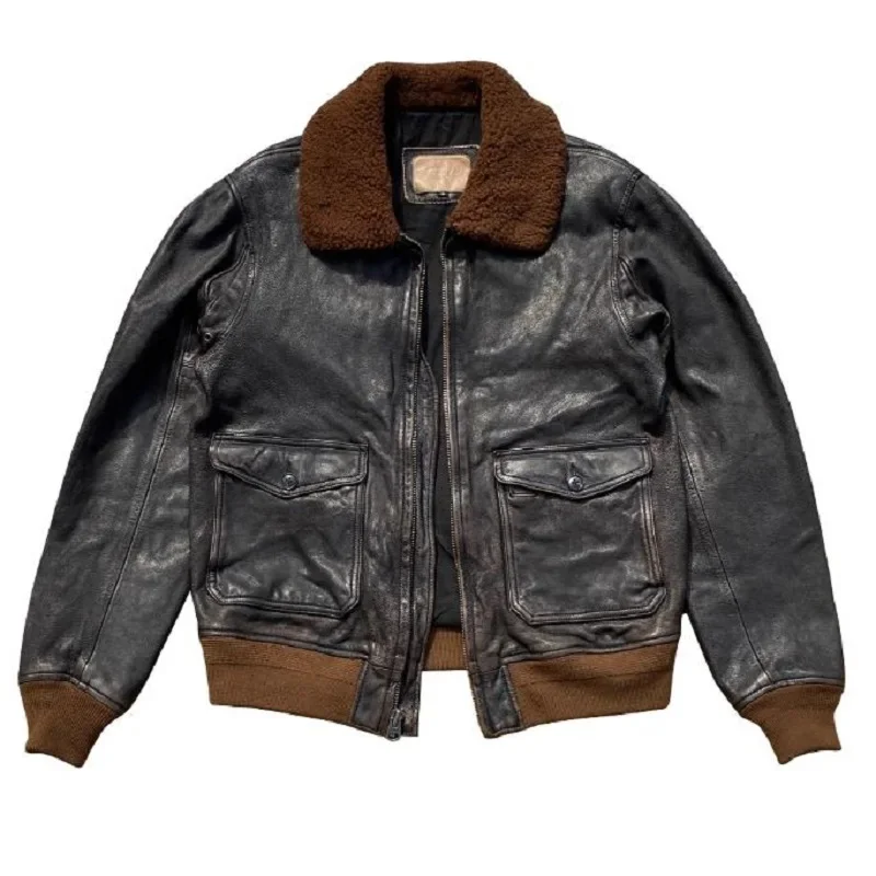 YR!Free shipping.Classic style vintage G1 genuine leather jacket.Bomber natural goatskin coat. Rider cool cloth.Autumn