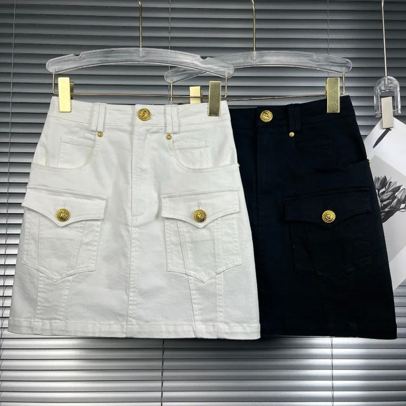 

2024 New Summer High Quality Cotton Office Lady Black White Gold Buckle Button Fashion Denim Skirt for Women