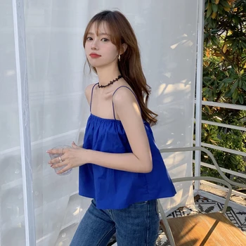 여성을위한 섹시한 민소매 탱크 탑 여름 겉옷 틈새 디자인 인형 탑 순수한 욕망 블루 프린트 Strapless 탱크 조끼