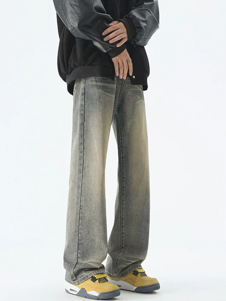 

Мужские джинсы из выстиранной желтой глиняной ткани, прямые, свободные, с микро-клешем, длинные брюки, весна-осень, американский ретро-стиль, уличный шик