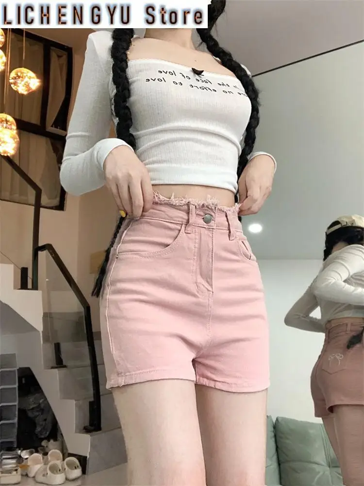 Women Bow Embroidery A-line High Waist Pink Denim Shorts Cool Girl Triangle Mini Trousers Female Wide Leg Summer Hot Pants