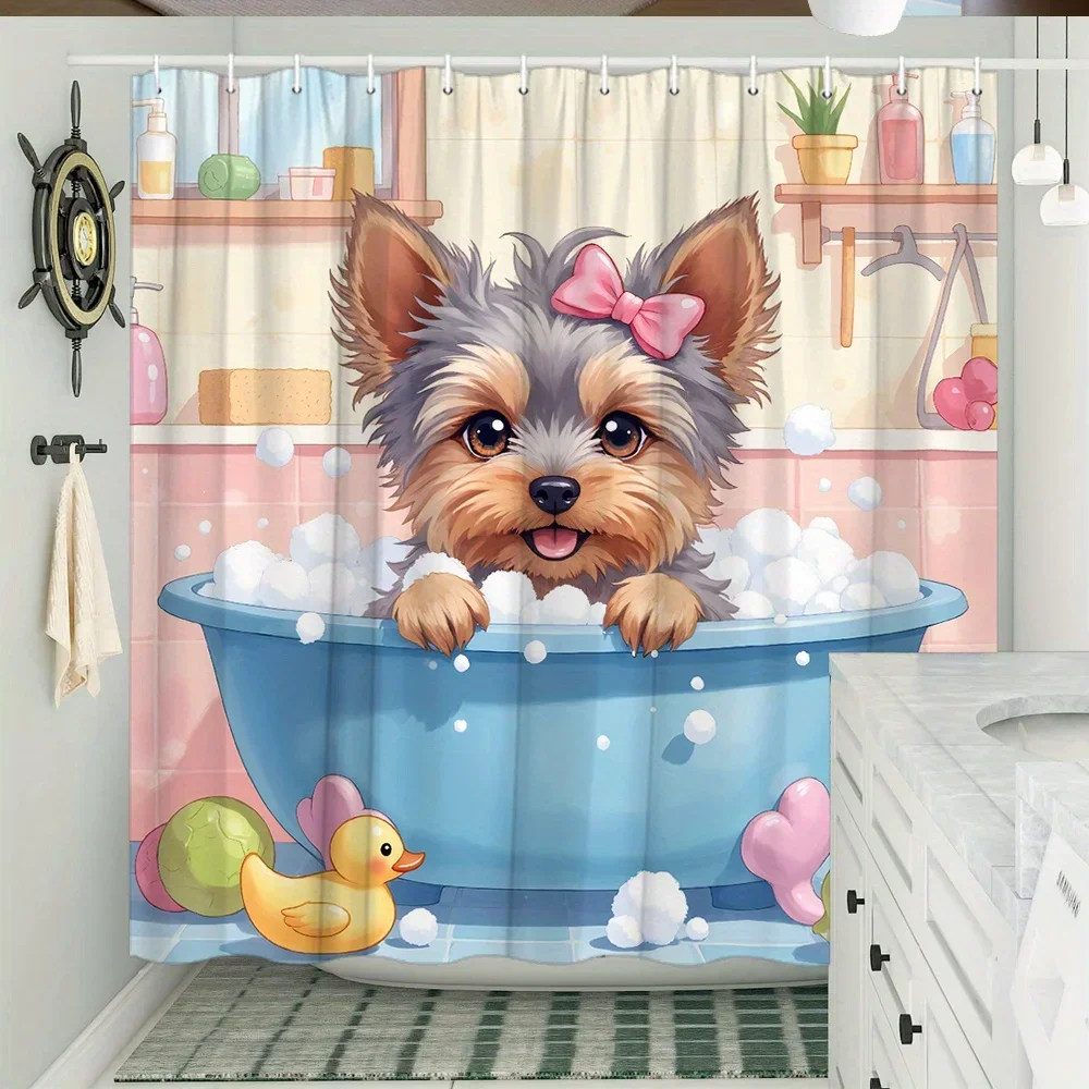 Cute Cartoon Yorkshire Terrier Pink Bow Bubble Bathtub Rubber Duck Print Shower Curtain Waterproof Mildew Resistant Polyester