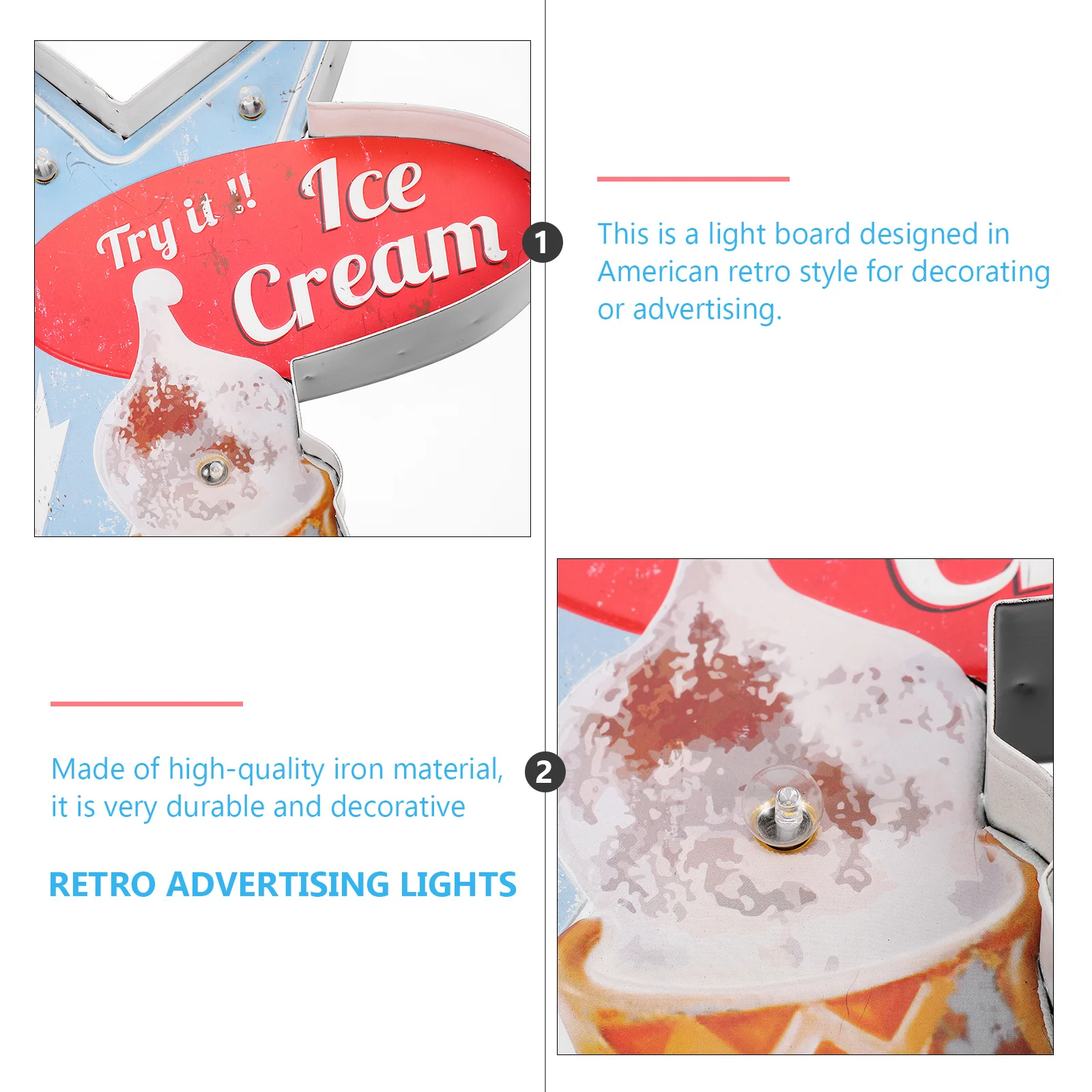 

1Pcs Retro Style Ice Cream Advertising Light Board Creative Iron Wall Decor for Home Bar Restaurant Scene Decoration