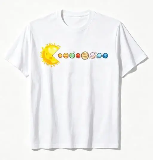 Sun Pacman Eating Planets Graphic T-Shirt Solar System Space Print Short Sleeve Casual Streetwear Tops