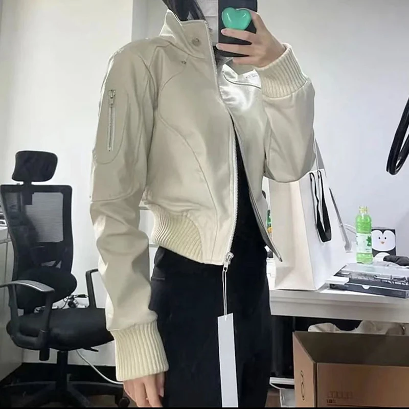 Giacca da donna vintage americana in pelle PU colletto alla coreana da motociclista capispalla a maniche lunghe Harajuku Y2K cappotto corto con zip punk sottile