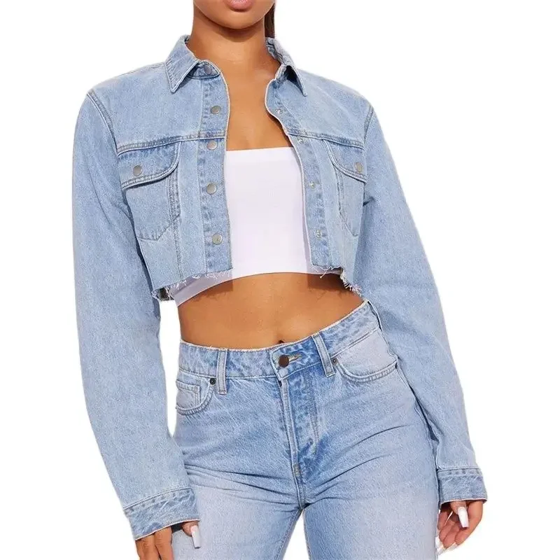 Women Light Blue Short Denim Jackets Trend Streetwear Outerwear Female Bust Patchwork Double Pockets Lapel Single-breasted Coat