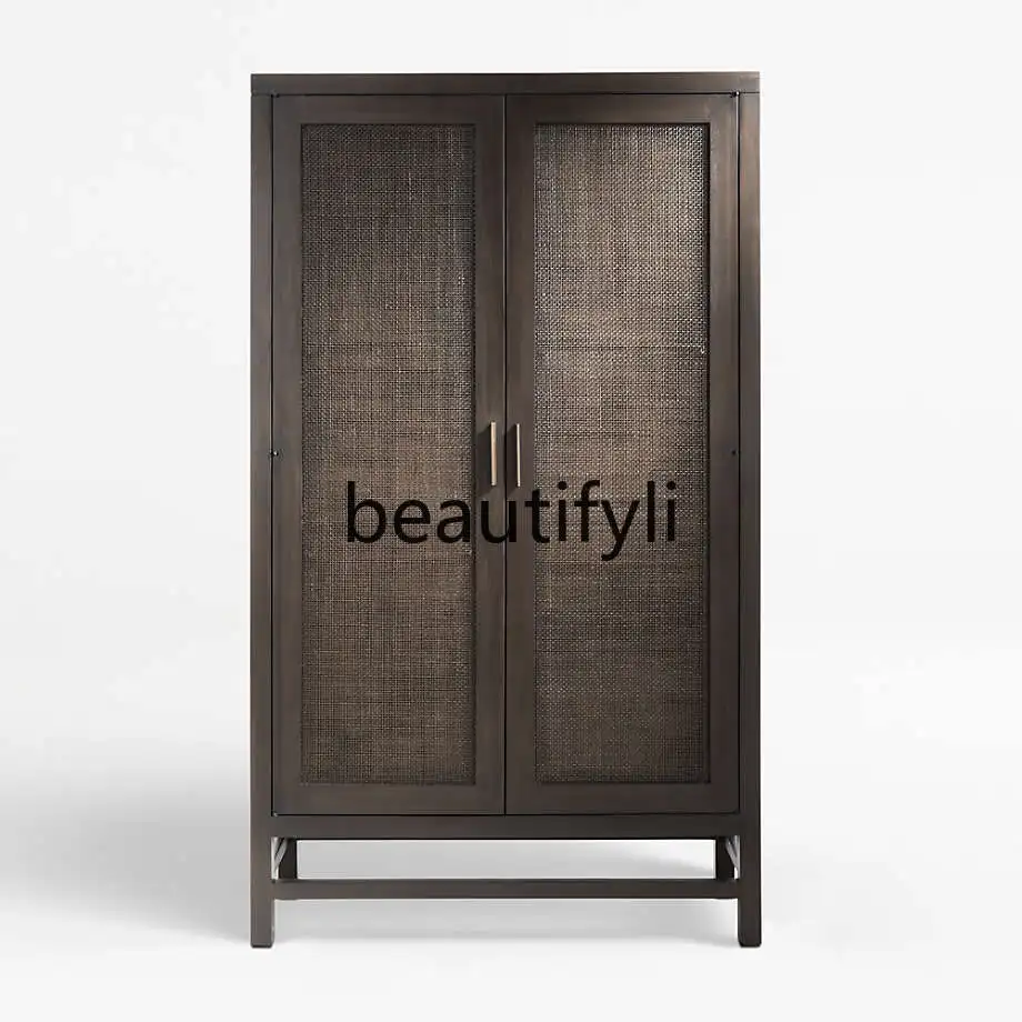 

American Country Style Solid Wood Rattan Wardrobe Oak Vintage Distressed Two-Door French Minimalist Double Door Storage Cabinet