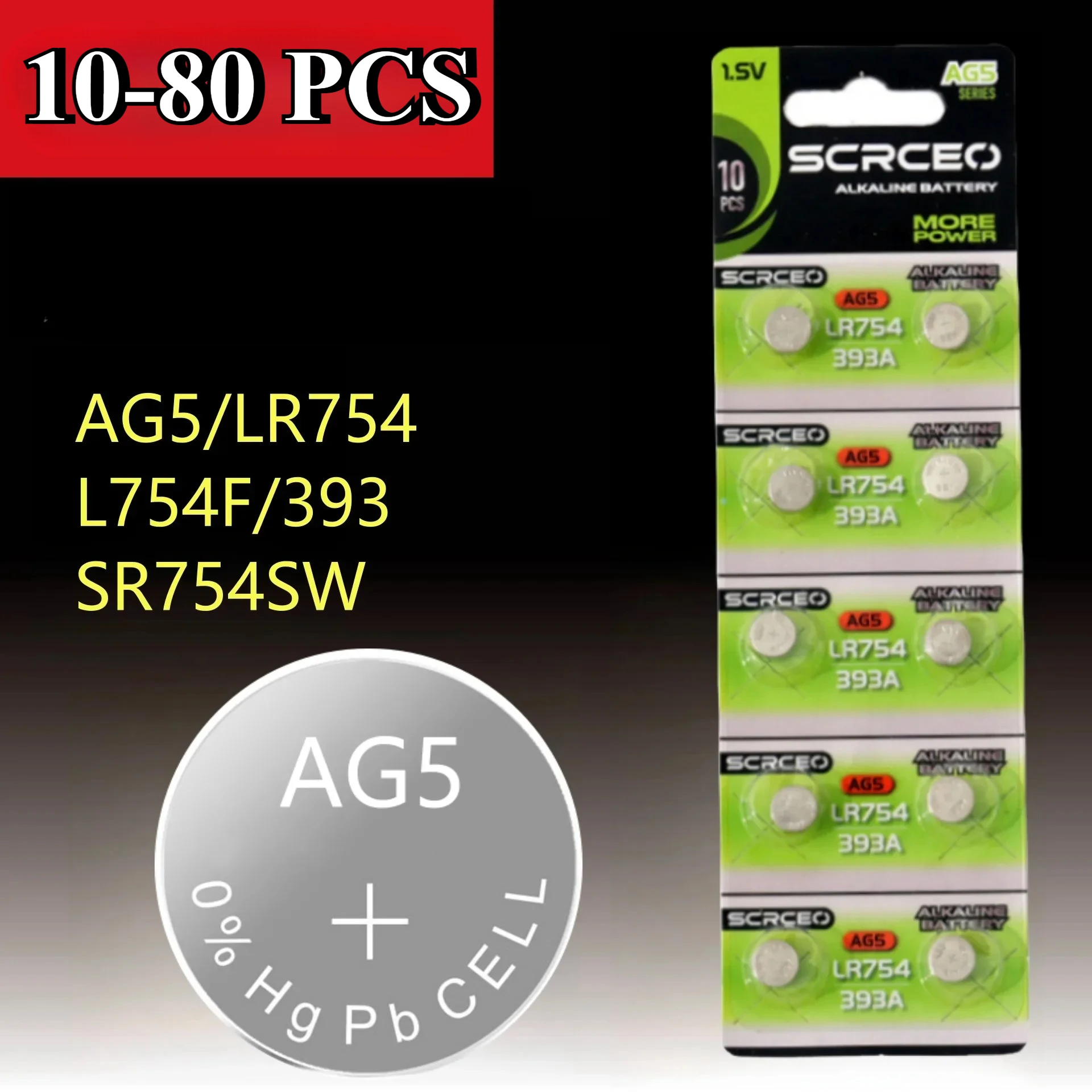 10-80PCS 1.55V AG5 LR754 Button Batteries SR754 193 393 Round Cell Coin Alkaline Battery L754 SR754SW LR48 For Watch Toys Clock