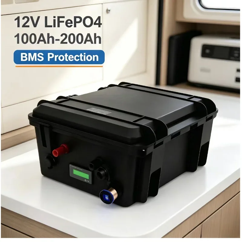 Batterie LiFePO4 12V 200Ah étanche, lithium fer phosphate pour voiturette de golf, camping-car, stockage solaire, bateau, stocka