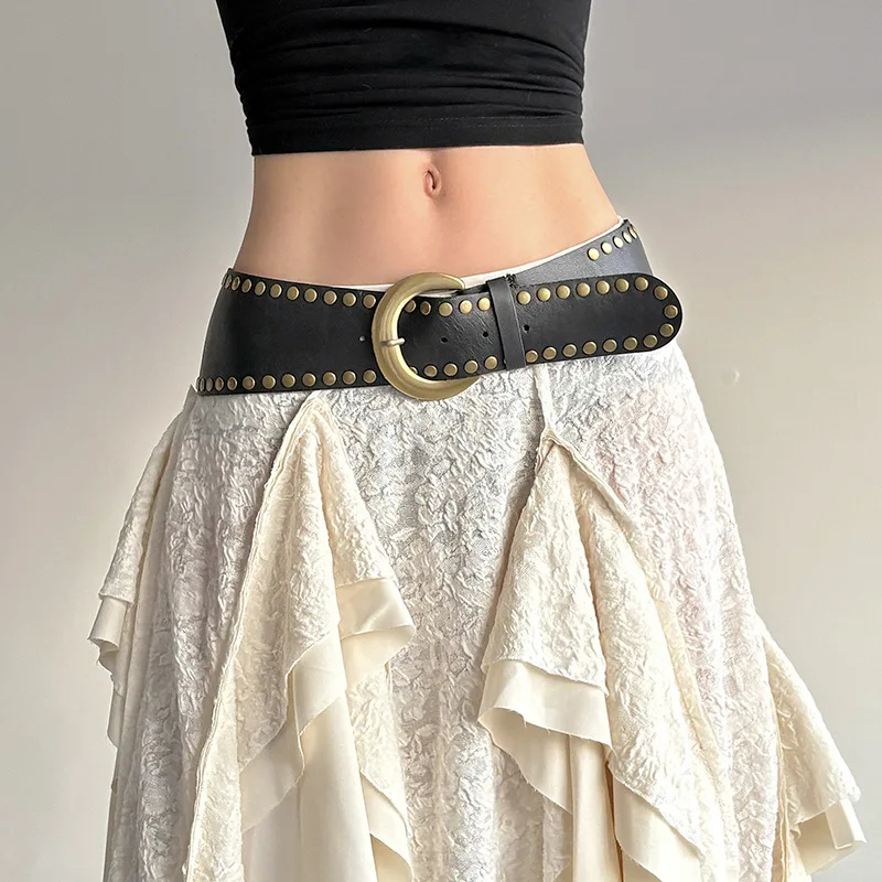 New Brown Moon Metal Buckle Wide Belt Punk Fashion Studded Personalized Extra Wide Belt Women's Dress Accessory Belt