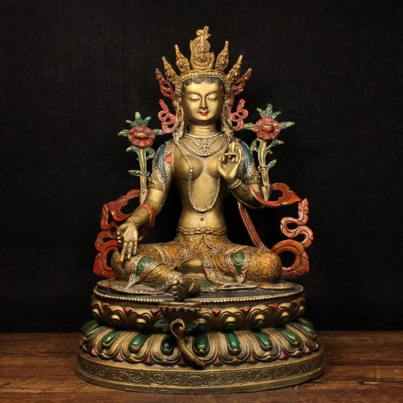 

13"Tibetan Temple Collection Old Bronze Painted Green Tara Double Lotus Platform Sitting Buddha Worship Hall Town house