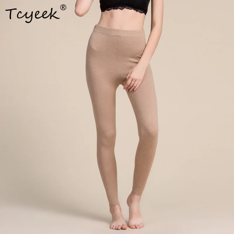 Tcyeek feminino 80% seda 15% lã 5% calças de náilon malha elástica comprimento total camisola quente leggings térmicas outono inverno b37127qc