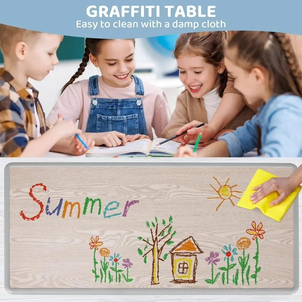 Kids Study Table and 6 Chairs Set, Height Adjustable Graffiti Table, Preschool Activity Art Craft Table for 6, Multifunctional