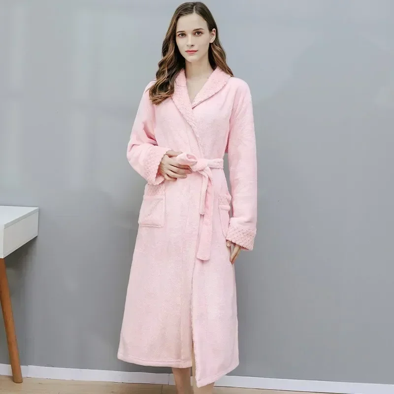 Female Autumn and Winter Warm Long Coral Velvet Thick Couple Bath Bathrobes Men Women Pajamas Shower Robe Bath Towels For Adults