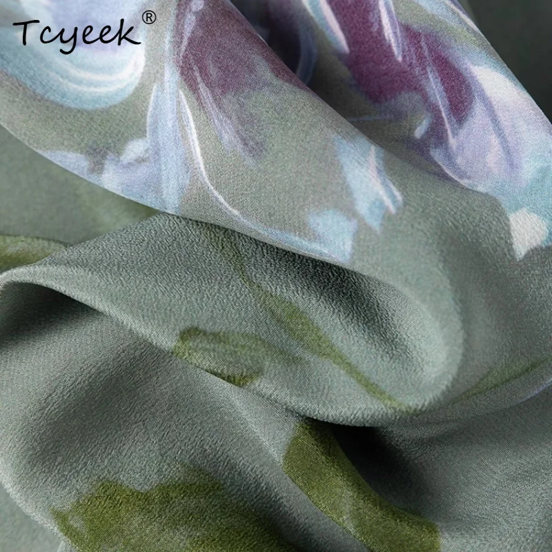 Tcyeek Letnia Kamizelka z Jedwabiu Morwowego 100%, Damska Podwójna Krepa, Wycięcie Ukośne, Nadruk, Dopasowany Krój, Kamizelka Wewnętrzna, Nowość 2025 T55741JF