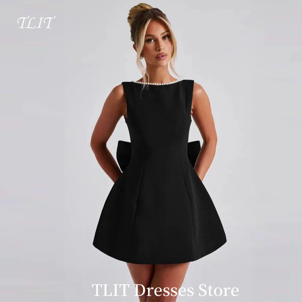 

TLIT Simple Black Satin Evening Gown Dresses Boat Neck with Pearl Prom Gowns Mini-Length Backless Gowns Customized Formal Party