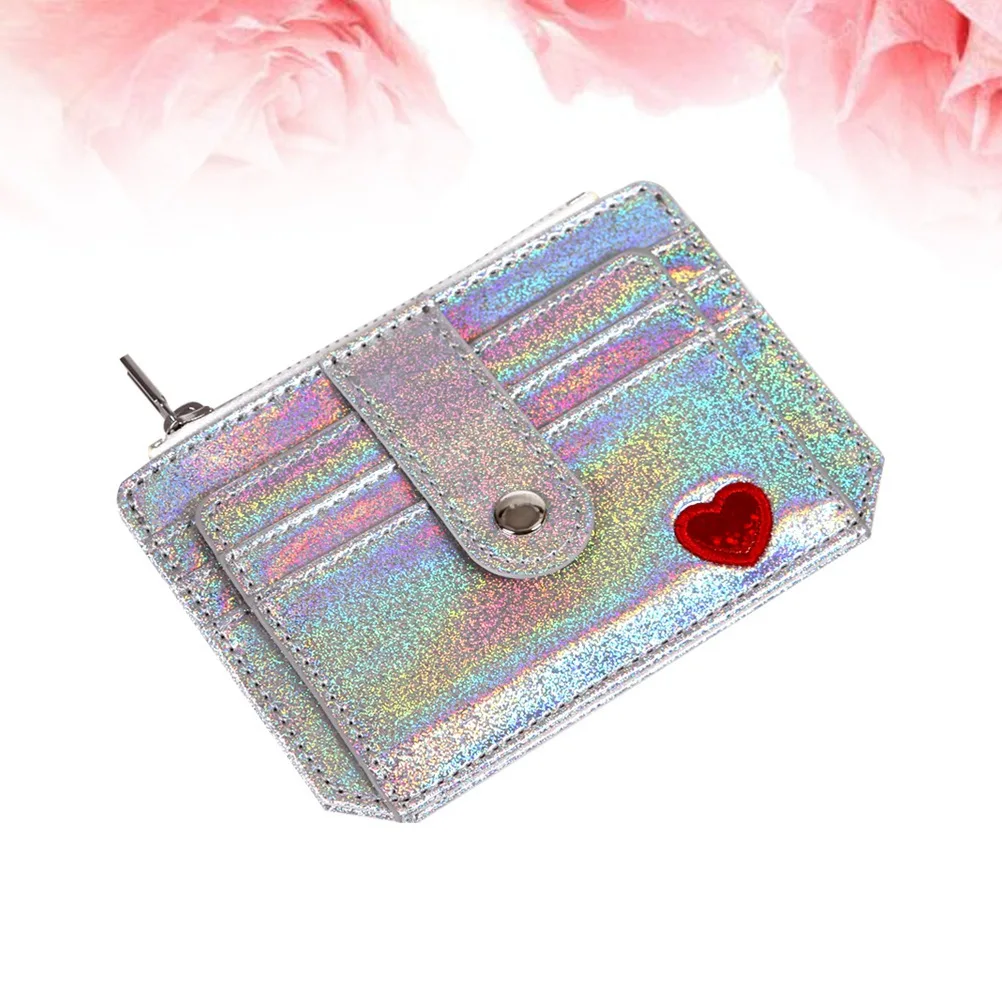 

Holographic PU Lady Purse Pink Embroidery Zipper Closure Large Capacity Coin Change Purse Bank Cards Holder Shinning