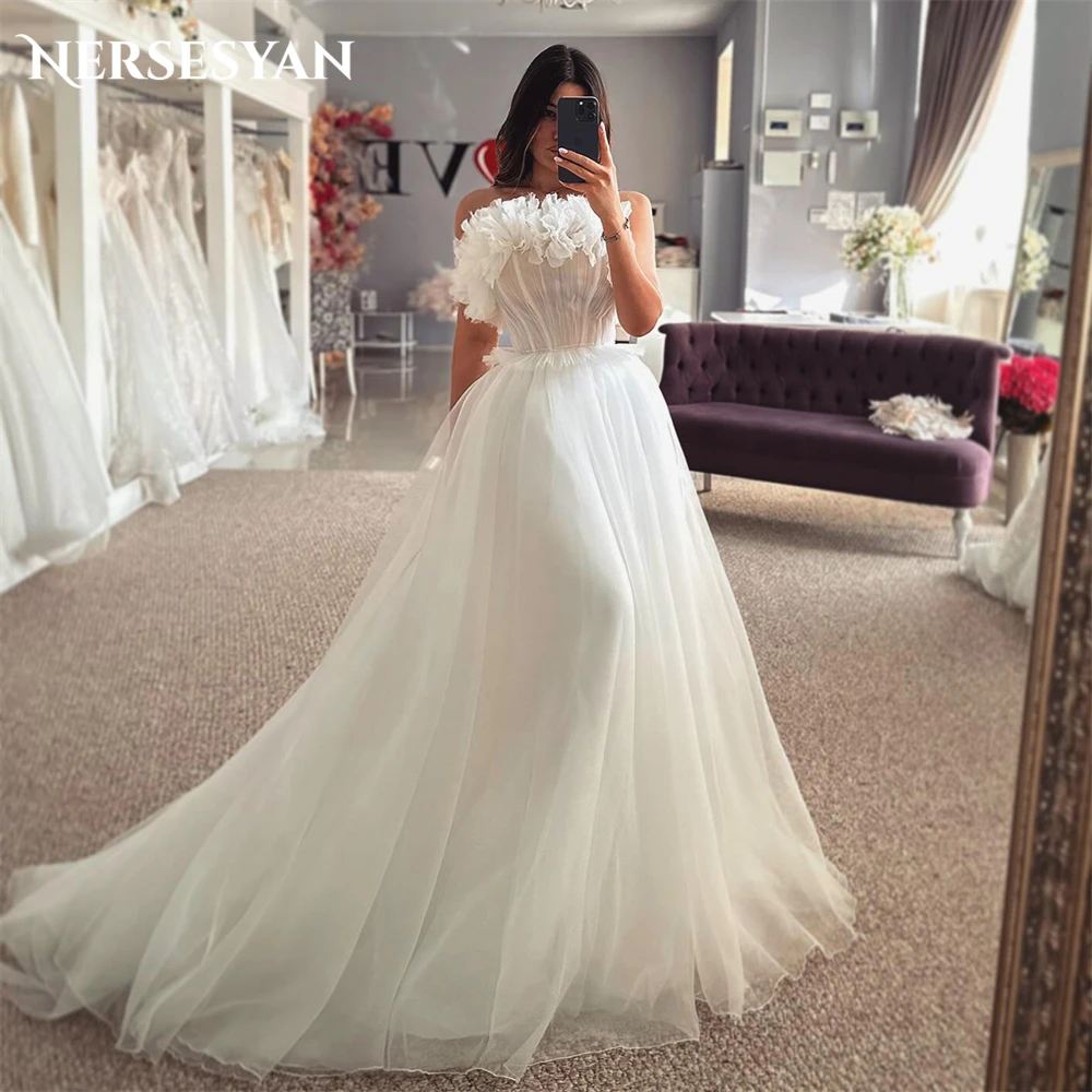 

Nersesyan Elegant Solid Wedding Dresses Ruched Off Shoulder A-Line Sleeveless Bridal Gowns Backless Princess Bride Dress 2024