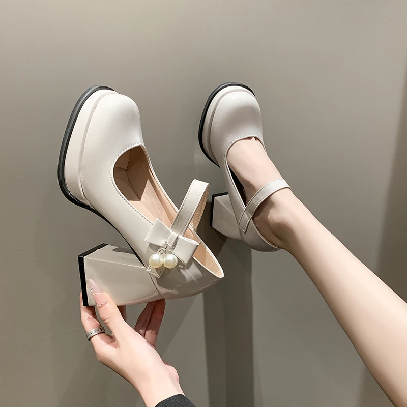 New sweet Bowknot Strap Buckle High Heels Mary Jane Shoes Women Fashion Platform Pumps Woman French square toe Party pumps
