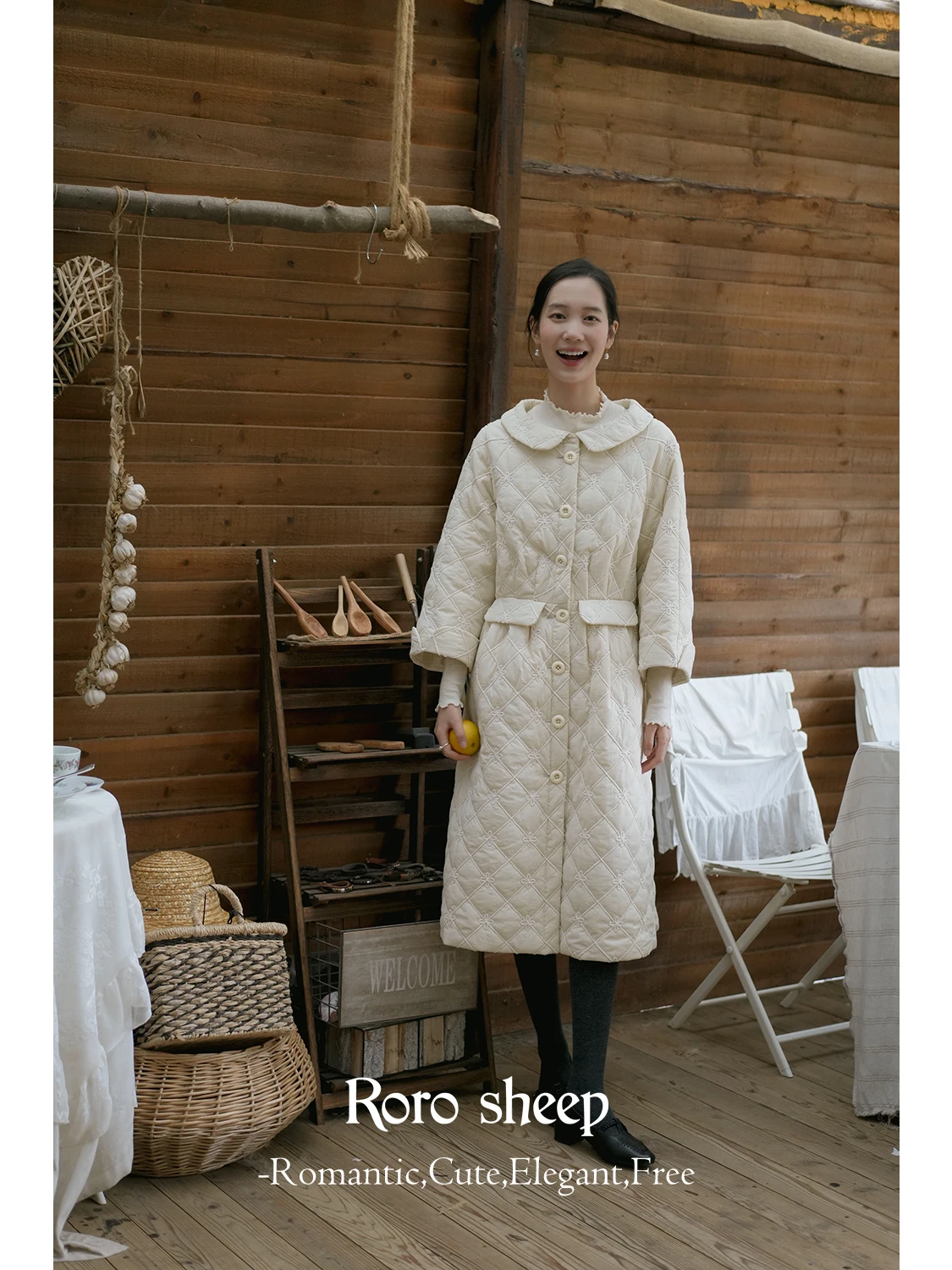 

Ele Retro Rroroeep Cotton Jaet with Doll Collar Slim Fit Ladylike Sle Long Sve Mid-Length Single Button Closure