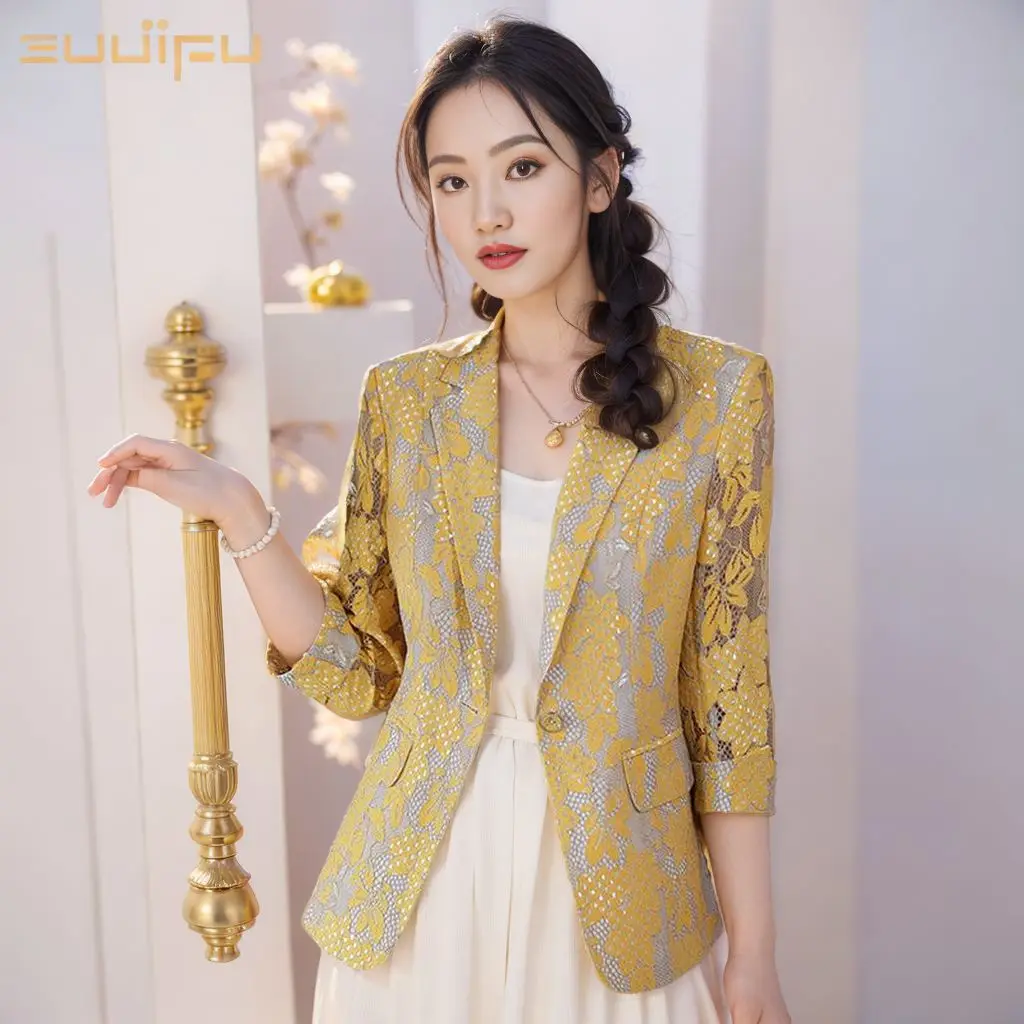 Size 6XL Lace Suit Jacket Female 2026 Autumn And Summer Temperament Sunscreen Hollow Blue Ladies Blazer Women Tops Elegant