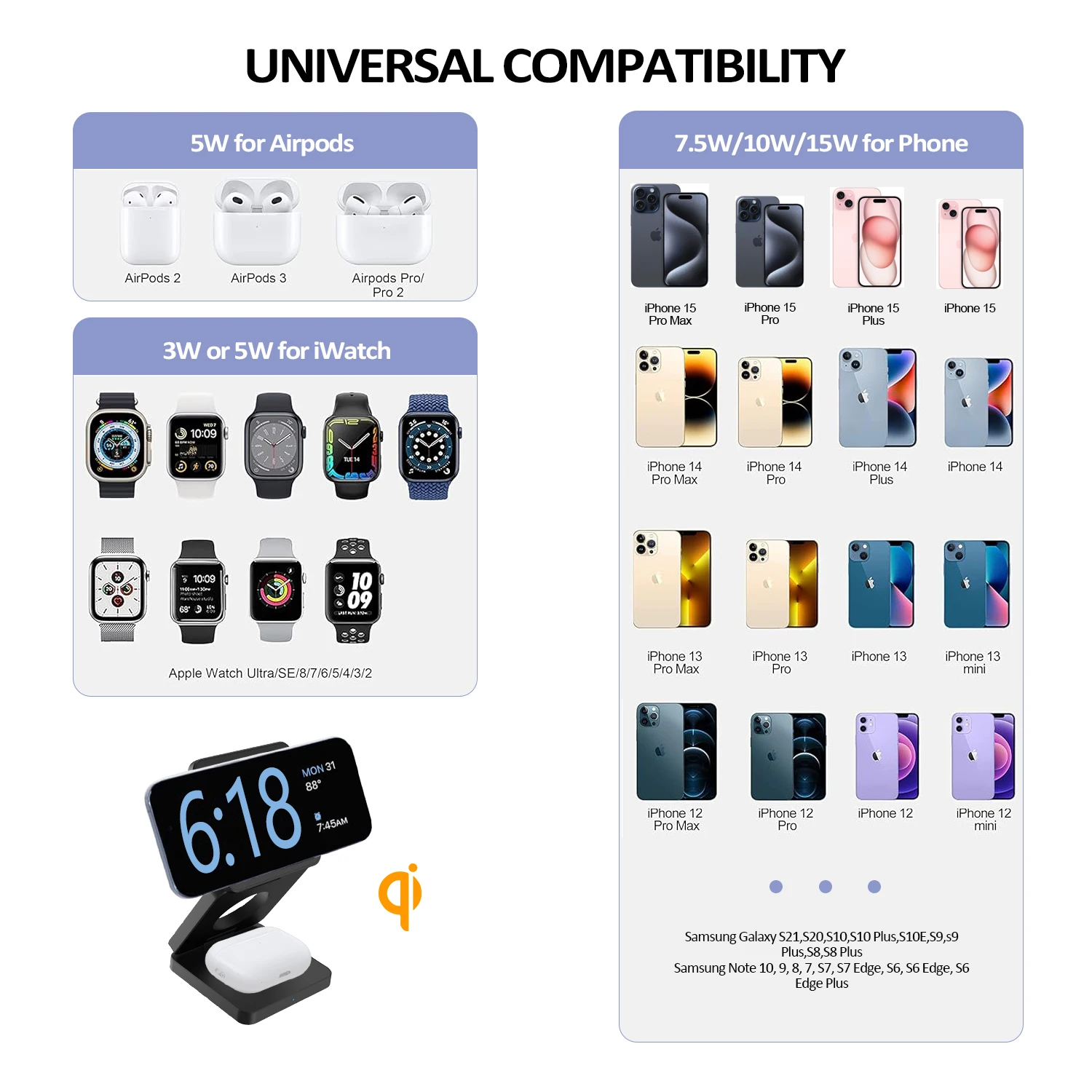 15W 3 in 1 Magnetic Foldable Wireless Charger Fast Aluminum Charging Stand for iPhone 12/13/14/15/16 Mini/Pro/Pro Max