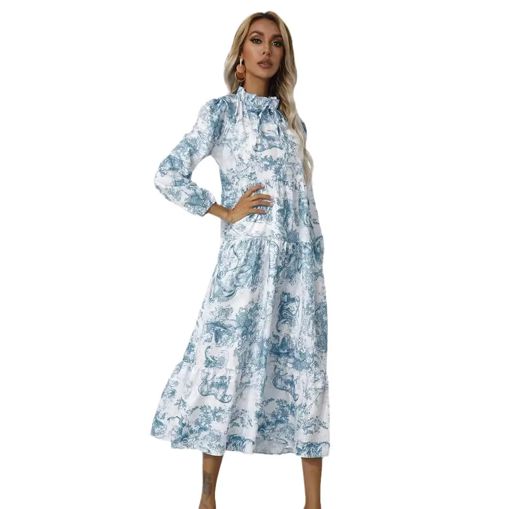 High-quality new European and American women\'s round neck printed loose nine-minute sleeve dresses new style dresses