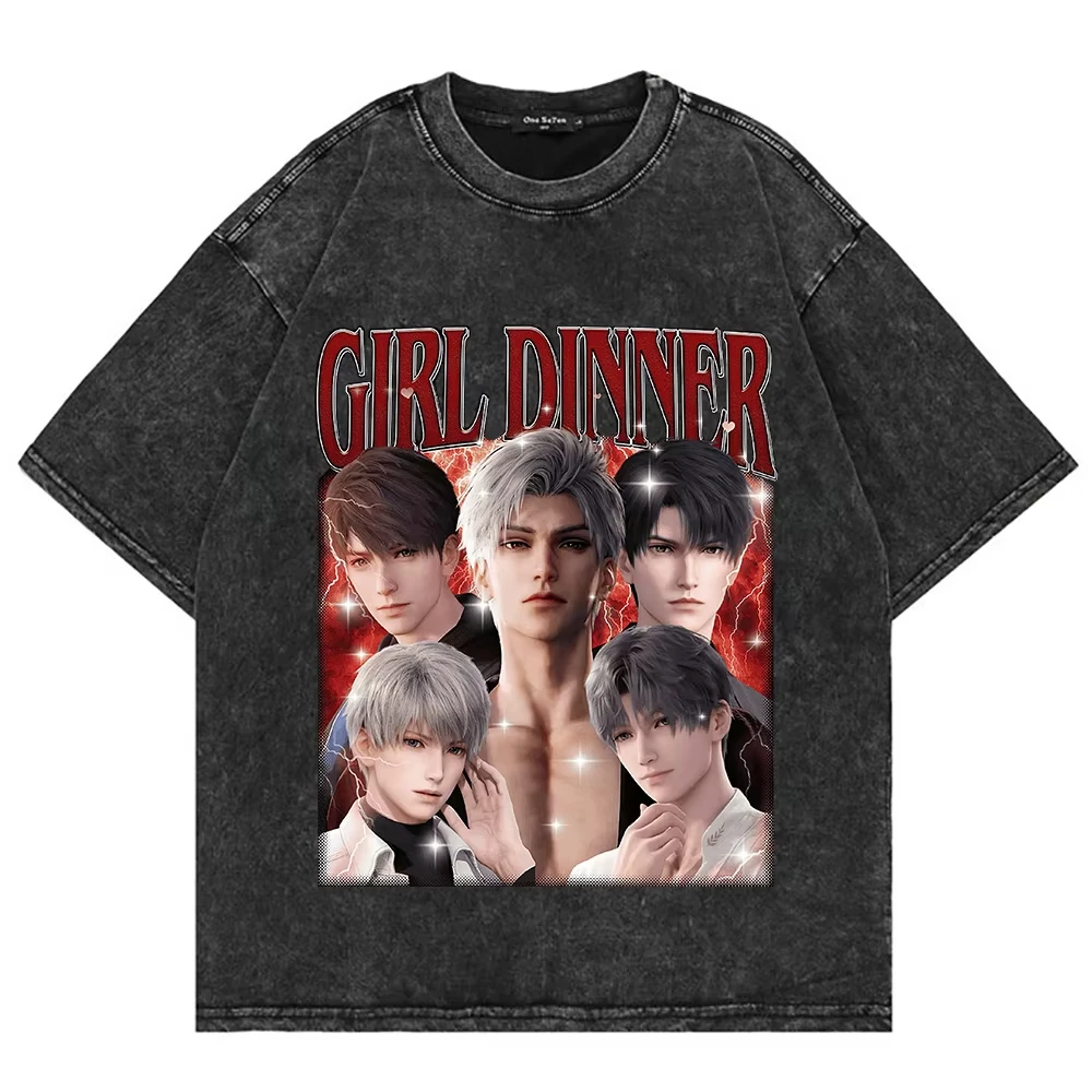 

Футболка унисекс из 100% хлопка с эффектом кислотной стирки, винтажная, модная, с принтом Game Rafayel Xavier Sylus Love and Deepspace, с эффектом минеральной стирки