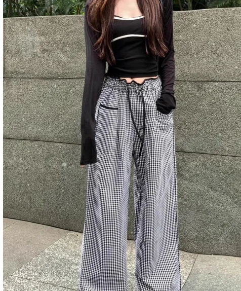 2026 New Summer & Spring Autumn Plaid Straight Leg Pants, Black White Contrast Check Trousers With Waist Ruffle Trim, Comfort Ni