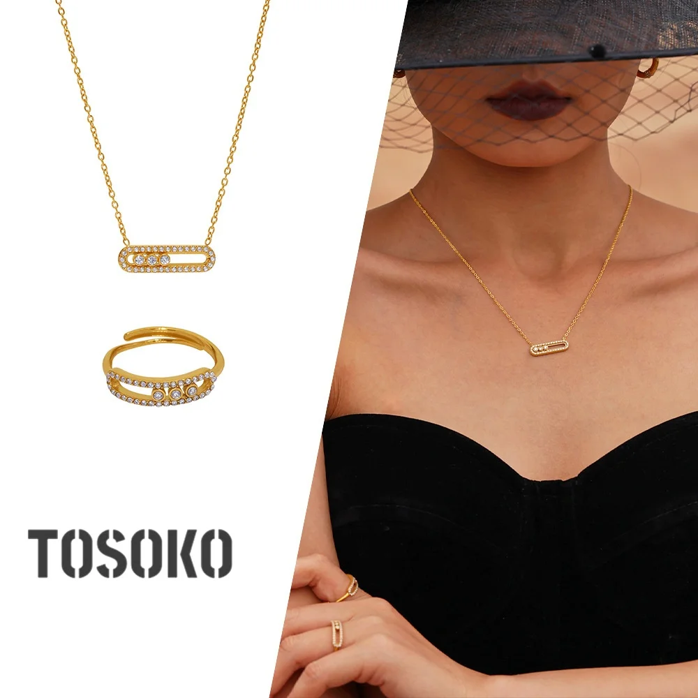 TOSOKO Stainless Steel Jewelry with Zircon Inlay Hollowed Out Embellishment Necklace Ring Women's Exquisite Jewelry set P248
