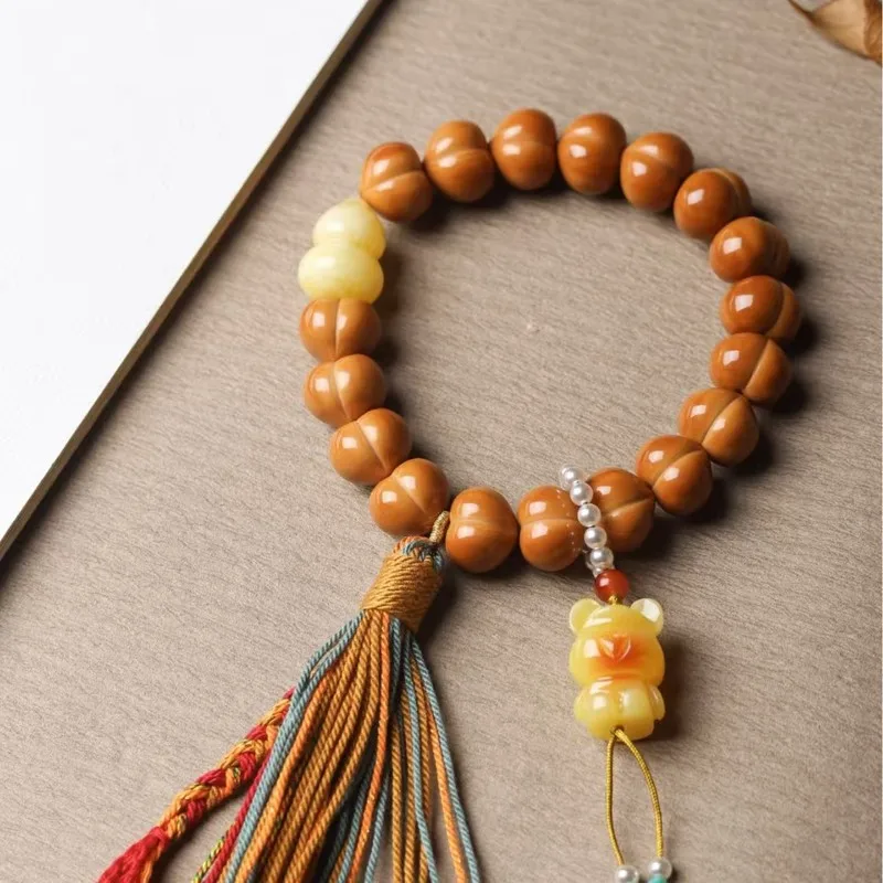 Gold Heart Peach Monkey Walnut Exquisitely Carved Buddhist Prayer Beads Bracelet