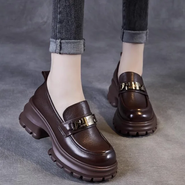 

Casual Thick Bottom Loafers Genuine Top Layer Cowhide Fashionable Flat Shoes Comfortable round Toe Rubber Sole Women's Footwear